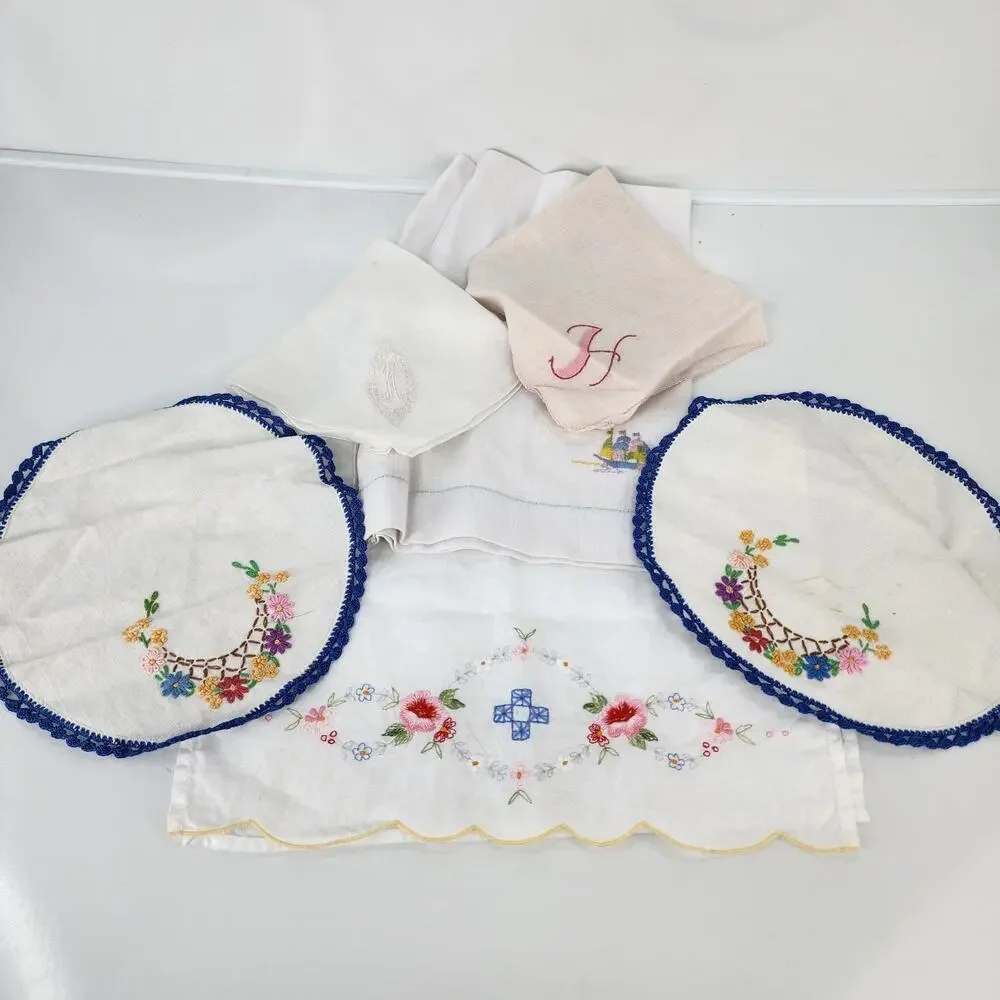 Mixed Lot 7 VTG Linens Doilies Handkerchiefs Monogram H Lace Crochet Embroidered